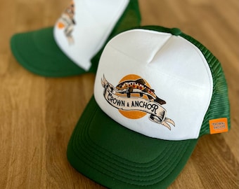 Trucker Cap Fishing Hat Baseball Trout Fish Design Canda Wear Fly Fishing (Old School Vintage Retro Style Green White)