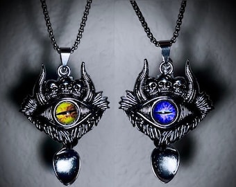 Novelty Evil Eye Skull Pendant & Mini Spoon Rave Necklace in Purple or Yellow/Gold