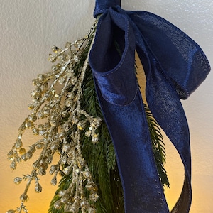 Norfolk Pine Swags: Holiday Decor with Navy Bow (Set of 2)