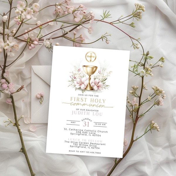 Blush Pink First Holy Communion Invitation, Communion Invite, Girl Communion Invite, Editable Communion Invitation | Judith Lou Collection