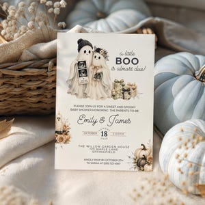 A Little Boo is Almost Due Invitation, Halloween Baby Shower Digital Invite, Spooky Ghost, Editable Baby Shower Invitation, ALBIAD262