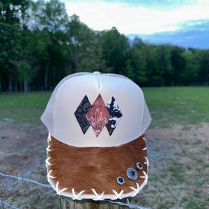 Western Cowhide Brim with Bill Rivots Khaki Trucker Hat