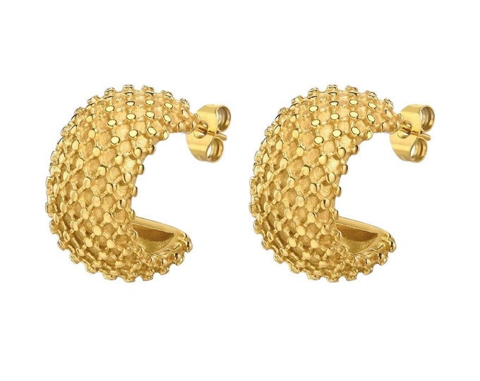 Textured Hoop Earrings, 18k Gold Plated, Chic April Design