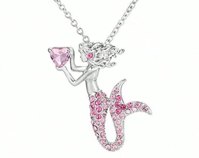 Mermaid Necklace, Silver, Pink Cubic Zirconia