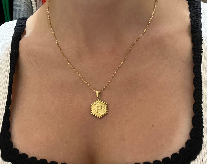 Gold Plated Initial Pendant Necklace, Geometric Stainless Steel