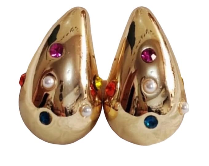 Gold Plated Waterdrop Earrings, Pearl & Rhinestone Design