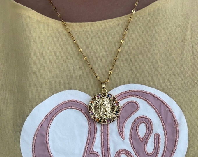 Gold Virgin Mary Pendant Necklace, Cubic Zircon Religious Jewelry