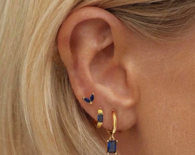 Gold Plated Stacked Earrings, Emerald, Ruby, Sapphire Stone Trio
