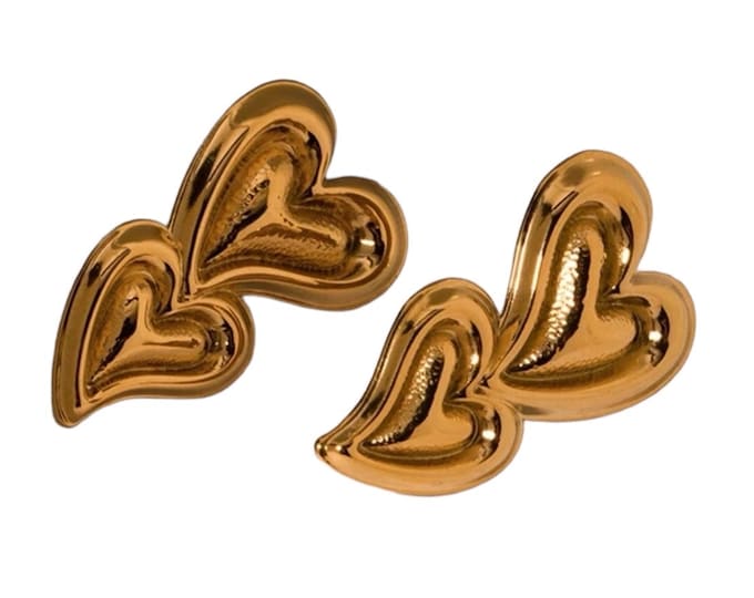 18k Gold Plated Double Heart Earrings, Vintage Style