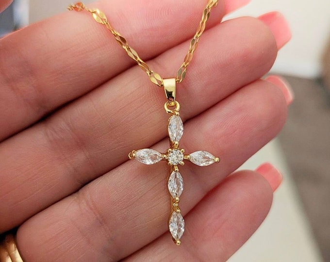 Gold Plated Cross Pendant Necklace, Cubic Zirconia Religious Gift