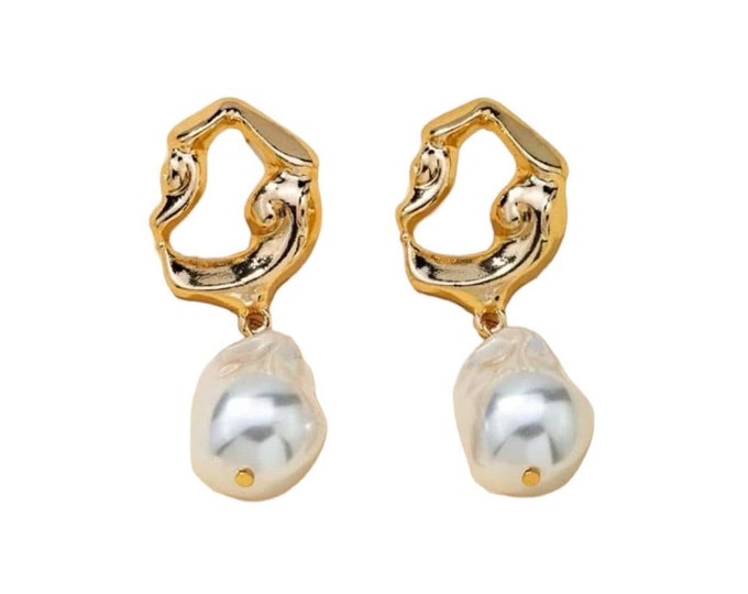 Irregular Pearl Drop Earrings, Gold Plated Stainless Steel