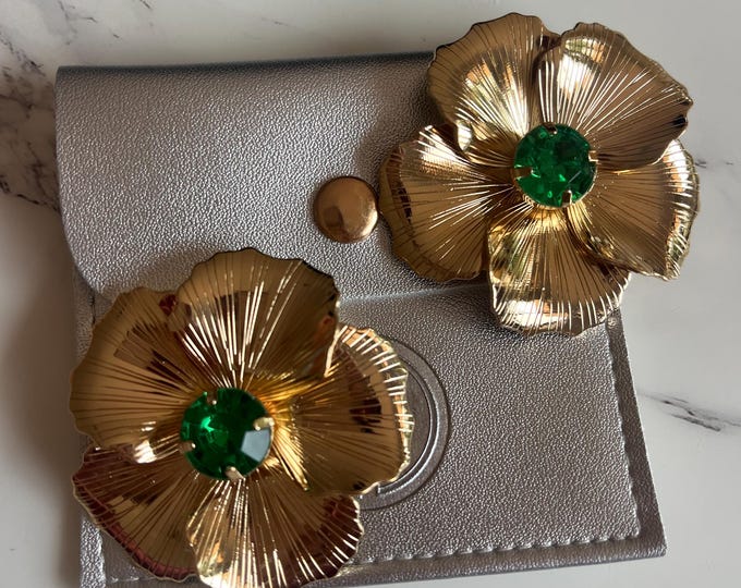 Gold Plated Flower Earrings, Ruby Stone, Statement Jewelry