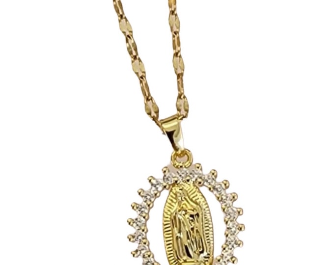Virgin Mary Necklace: Gold Cubic Zirconia Religious Pendant