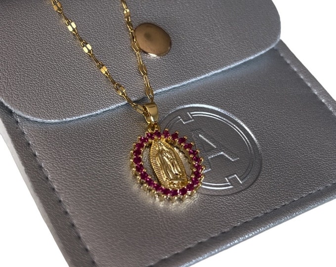 Virgin Mary Necklace, Gold & Pink Cubic Zirconia Medal Pendant