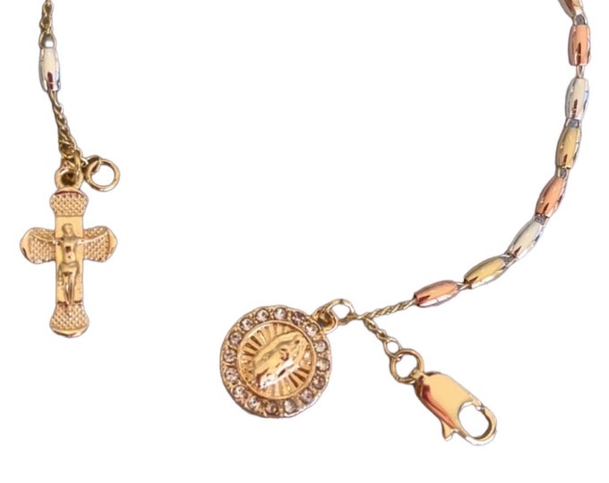 Gold Plated Rosary Bracelet, Virgin Mary and Cross Charm, Religious Jewelry