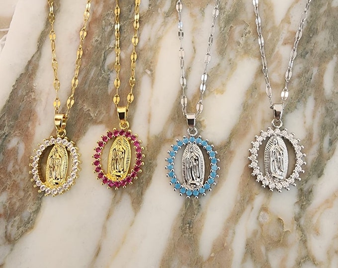 Gold & Silver Virgin Mary Necklace, Cubic Zirconia Pendant