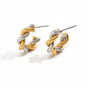 Mia Earrings, Two Tone Gold & Silver Plated Jewellery, Twisted Hoop, Classic Chic Earrings.