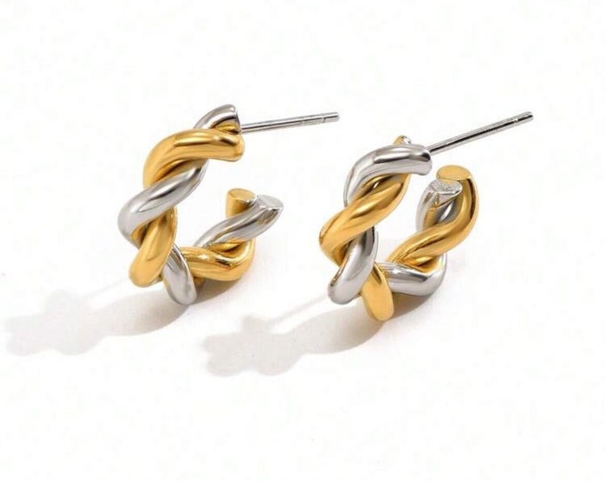 Mia Earrings, Two Tone Gold & Silver Plated Jewellery, Twisted Hoop, Classic Chic Earrings.