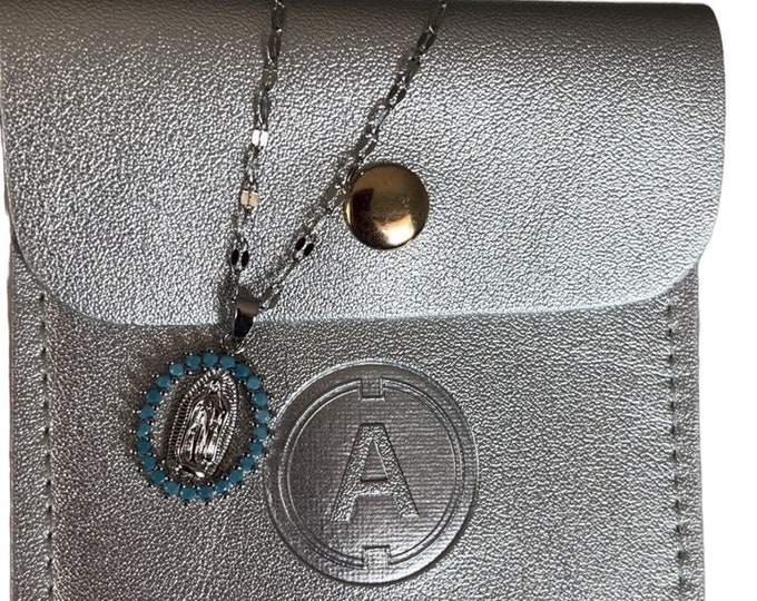 Virgin Mary Medal Necklace, Silver Pendant with Blue Cubic Zirconia