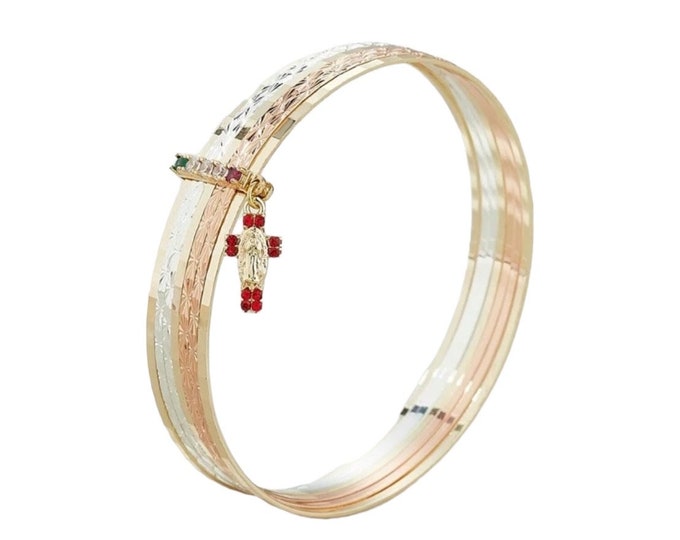 Virgin Mary Cross Bangle, Tricolor Gold Plated Religious Jewelry