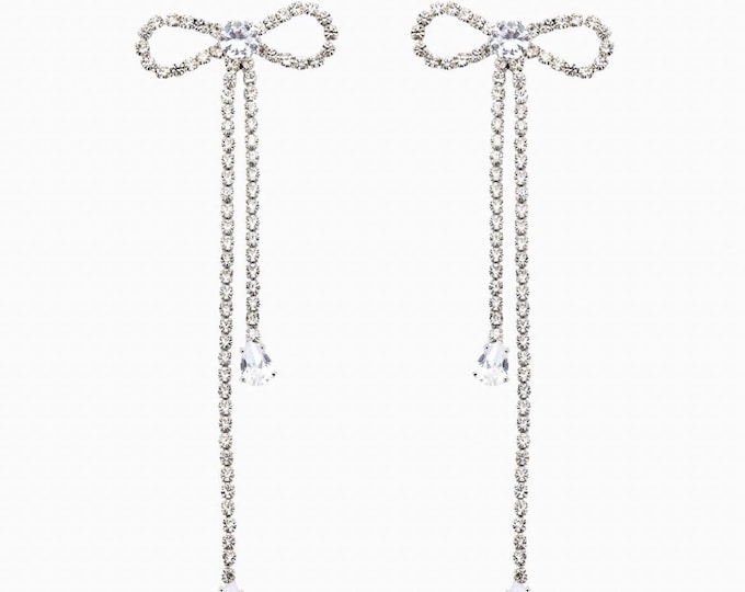 Bow Earrings, long drop style earrings, cubic zirconia and silver, elegant evening jewellery.
