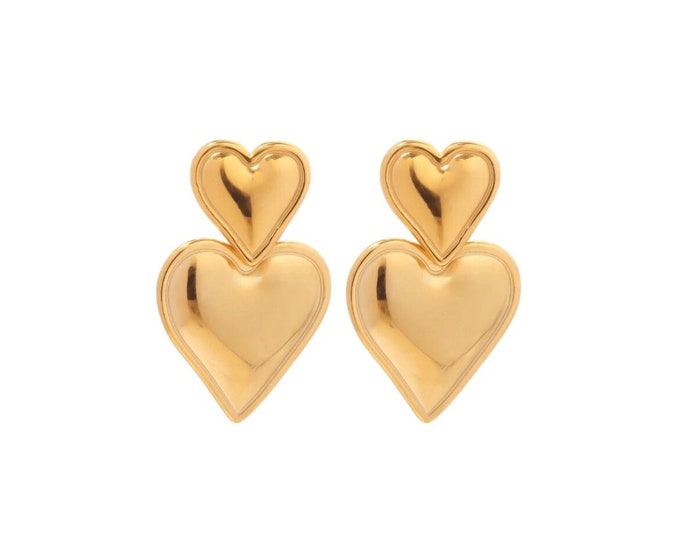 Gold Plated Double Heart Earrings, Exaggerated Design