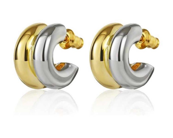 Two Tone Hoop Earrings, Gold & Silver Plated, C Shape