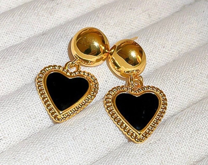 Black Heart Drop Earrings, Gold Plated Vintage Style