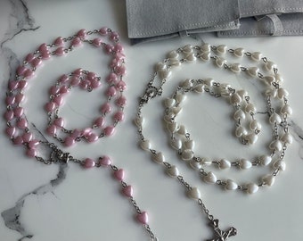 Pearl Hearts Religious Rosary, White or Pink, Beautiful Religious Prayer Beads