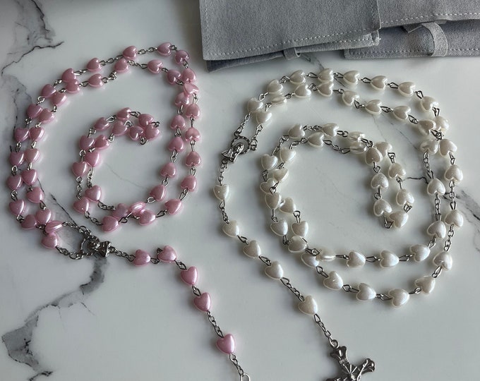 Pearl Heart Rosary, Religious Prayer Beads, Pink or White