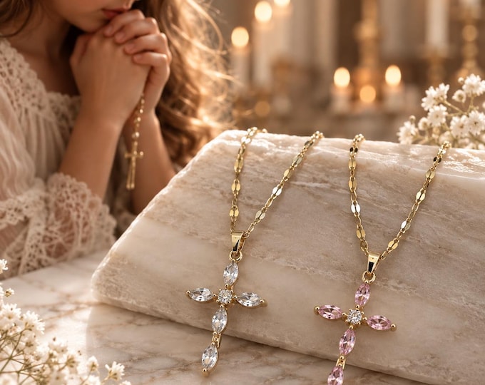 Gold Plated Cross Pendant Necklace, Cubic Zirconia Religious Jewelry