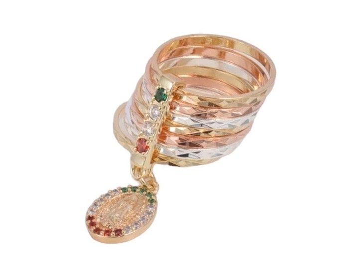 Virgin Mary Charm Ring, Tricolour Gold Stackable Rings, Cubic Zirconia