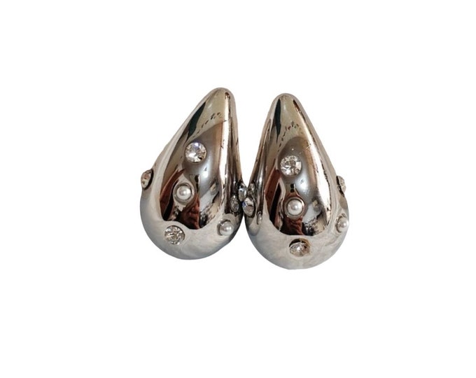Silver Waterdrop Earrings with Pearl & Rhinestone Detail