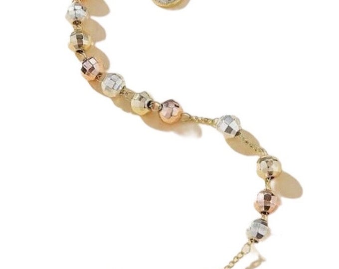 Beaded Rosary Bracelet, Virgin Mary Cross Charms, Tricolor Gold