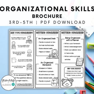 Folleto sobre habilidades organizativas para estudiantes de 3.º a 5.º grado, organización de primaria, habilidades académicas, recursos para la orientación escolar y la educación en el hogar