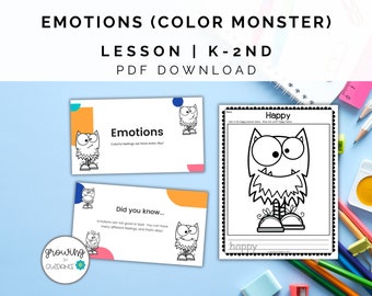 The Color Monster Emotions Lesson & Presentation K-2nd | Elementary School Counseling No Prep Resource | Emotions Worksheets | Homeschool