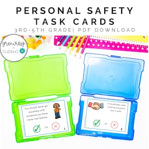 Cartes de tâches sur la sécurité personnelle, 3e et 5e années | Cartes imprimables et numériques | Counseling scolaire ou enseignement à domicile Compétences sociales Santé Compétences pratiques