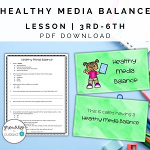 Puede incluir: Una hoja de trabajo imprimible titulada "Equilibrio saludable de los medios" con una niña de dibujos animados sosteniendo una tableta. La hoja de trabajo incluye preguntas sobre las opciones de medios y su impacto en la salud. El texto "Esto se llama tener un equilibrio saludable de los medios" está sobre un fondo verde.