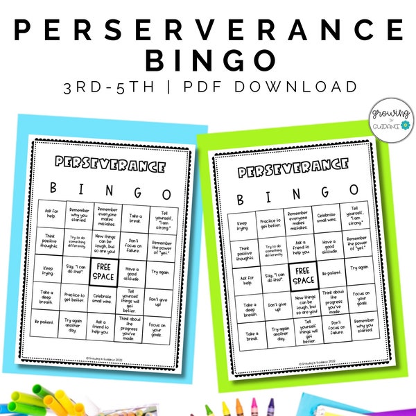 Perseverance BINGO Game 3rd-5th Grade Character SEL School Counseling Activity No Prep Homeschool Growth Mindset Resource