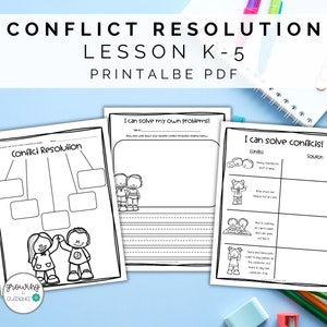 May include: Black and white printable worksheets for conflict resolution lessons for kindergarten through fifth grade. The worksheets feature cartoon illustrations of children and include the text "Conflict Resolution", "I can solve my own problems!" and "I can solve conflicts!"