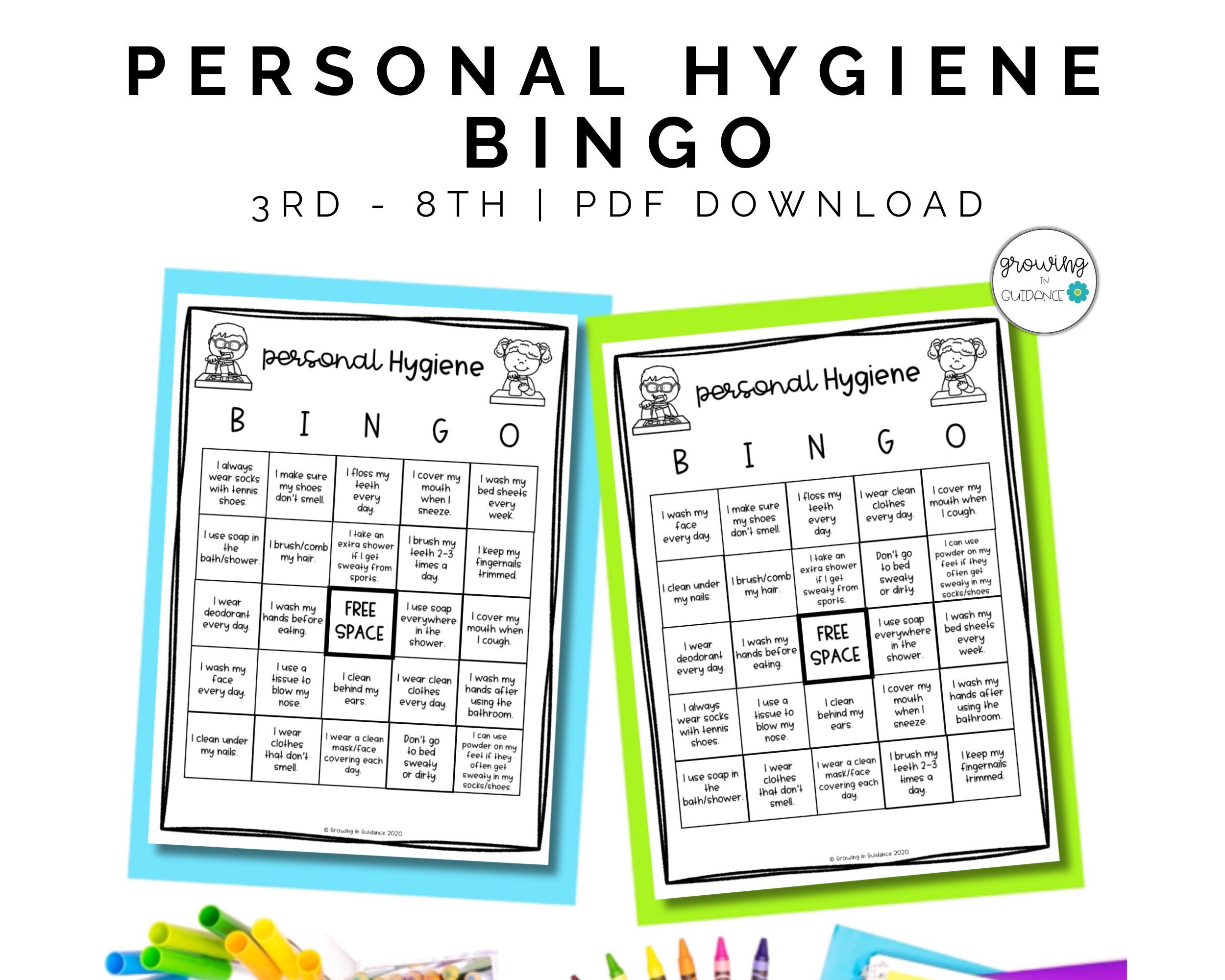 Personal Hygiene BINGO Game 3rd-8th Grade No Prep Life Skills Activity Health, School Counseling, and Homeschool Printable Game