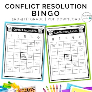 May include: Two printable bingo cards with the title "Conflict Resolution Bingo". Each card has a 5x5 grid with phrases related to conflict resolution, such as "Take turns", "Ask for help", "Be respectful", "Ignore", and "Practice empathy".