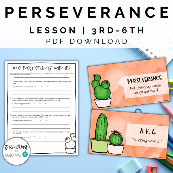 Perseverance Lesson & Presentation 3rd-6th Grade | No Prep Character Lesson | Growth Mindset Worksheets | School Counseling Resource