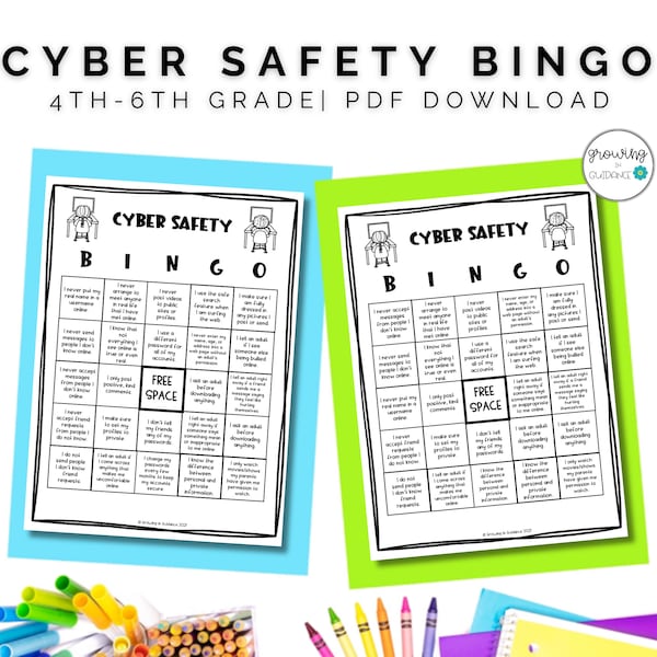 Cyber Safety BINGO 4th-6th Grade Game | School Counseling and Homeschool Internet Safety Activity