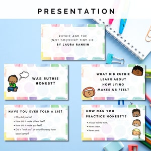 Honesty Lesson and Presentation K-5th Grade No Prep Low Prep Elementary Character Lesson School Counseling Homeschool Trustworthiness Lesson Google Slides Resource Activity Guidance Printables Lying Telling the Truth Ruthie and the not so teeny lie