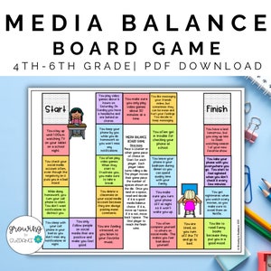 May include: A colorful board game designed to help children learn about media balance. The game board features a variety of scenarios related to screen time, social media, and technology use. The game includes instructions for playing and a finish line.