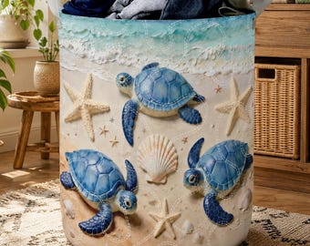 Sea Turtle Quilted Laundry Basket, Coastal Beach Hamper, Whimsical Ocean Laundry Bin, Nautical Sea Life Storage Basket