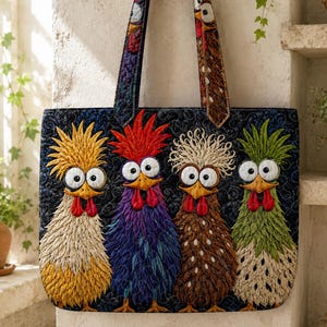 May include: A quilted tote bag featuring a dark blue background with four colorful, cartoon-style chickens with large eyes and textured feathers. The chickens are yellow, purple, brown, and green, each with a red comb and a yellow beak.