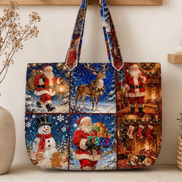 Vintage jultomte- och julpersonlig quiltad tygväska, ren- och snögubbe-tygväska med lapptäcke, festlig vinteraxelväska