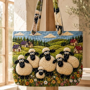 Op de afbeelding: Een gewatteerde tas met een landelijk tafereel van glooiende groene heuvels, kleine huisjes en een blauwe lucht met wolken. De voorzijde toont vijf schapen met gestructureerde crèmekleurige wol en zwarte gezichten in een veld vol bloemen.